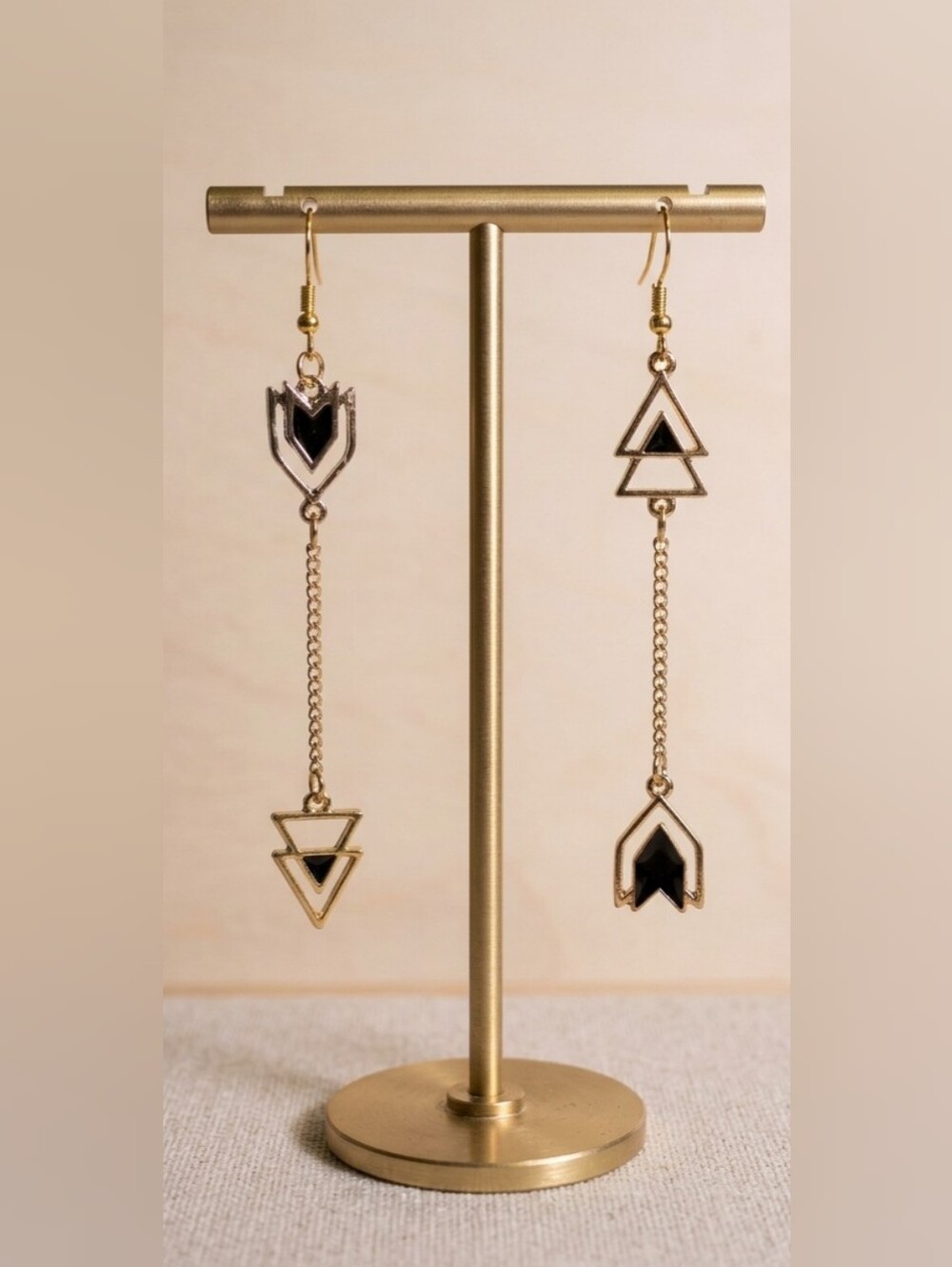 Asymmetrical Geometric Arrow Dangle Earrings | Gold & Black Chevron Chain Drop D